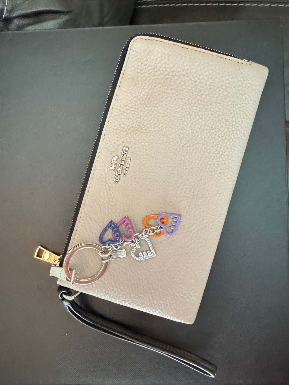 Vintage Coach Taupe Pebbled Leather Double Zip Wristlet with Coach Keychain